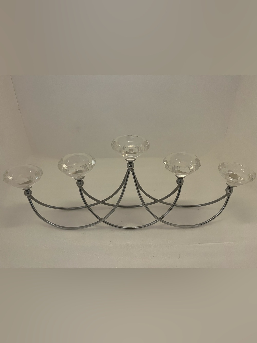 Silver Metal Curved 5-Cup Candle Holder Candelabra Clear Glass Cups Modern